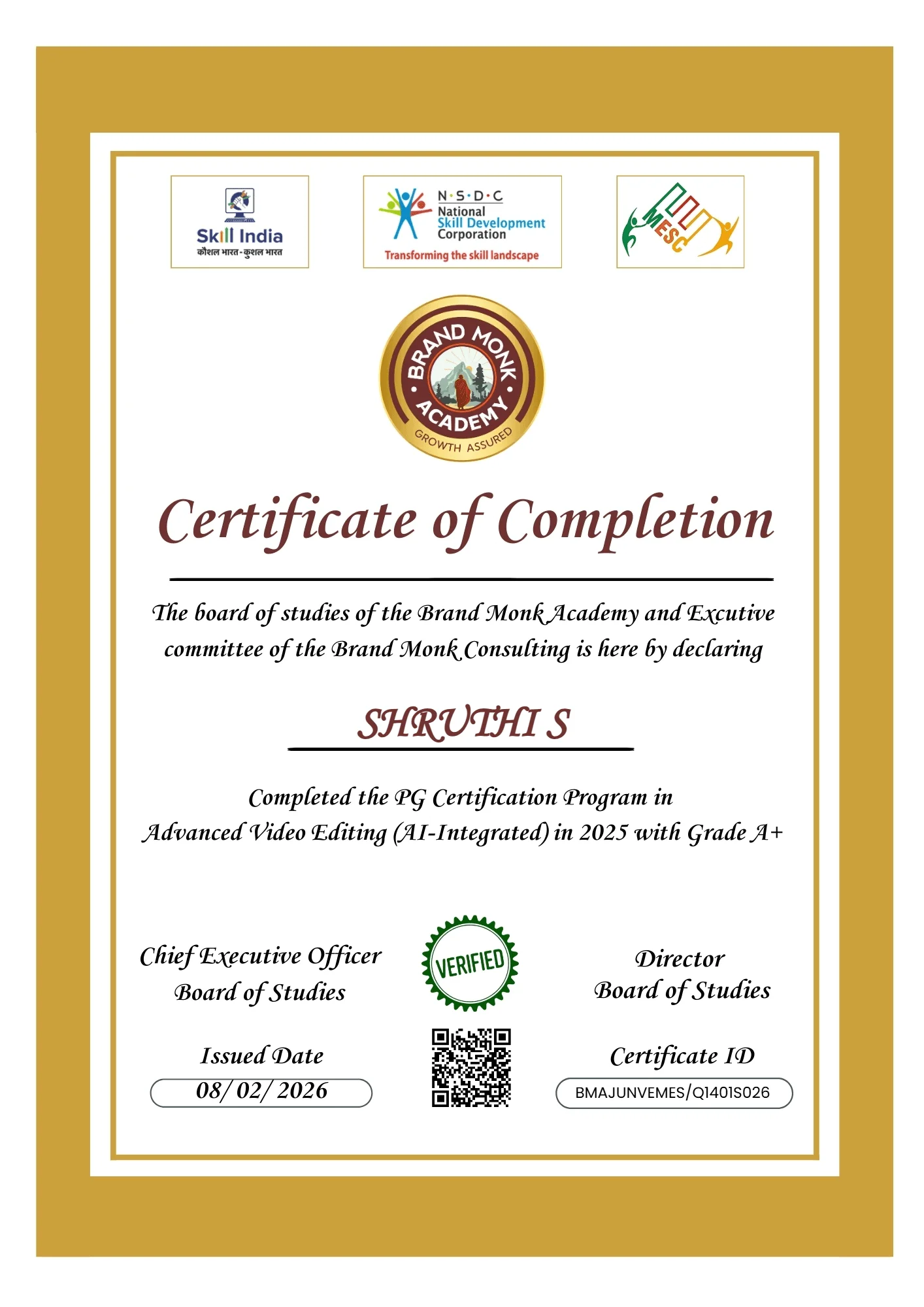 Brand Monk Academy Certificate